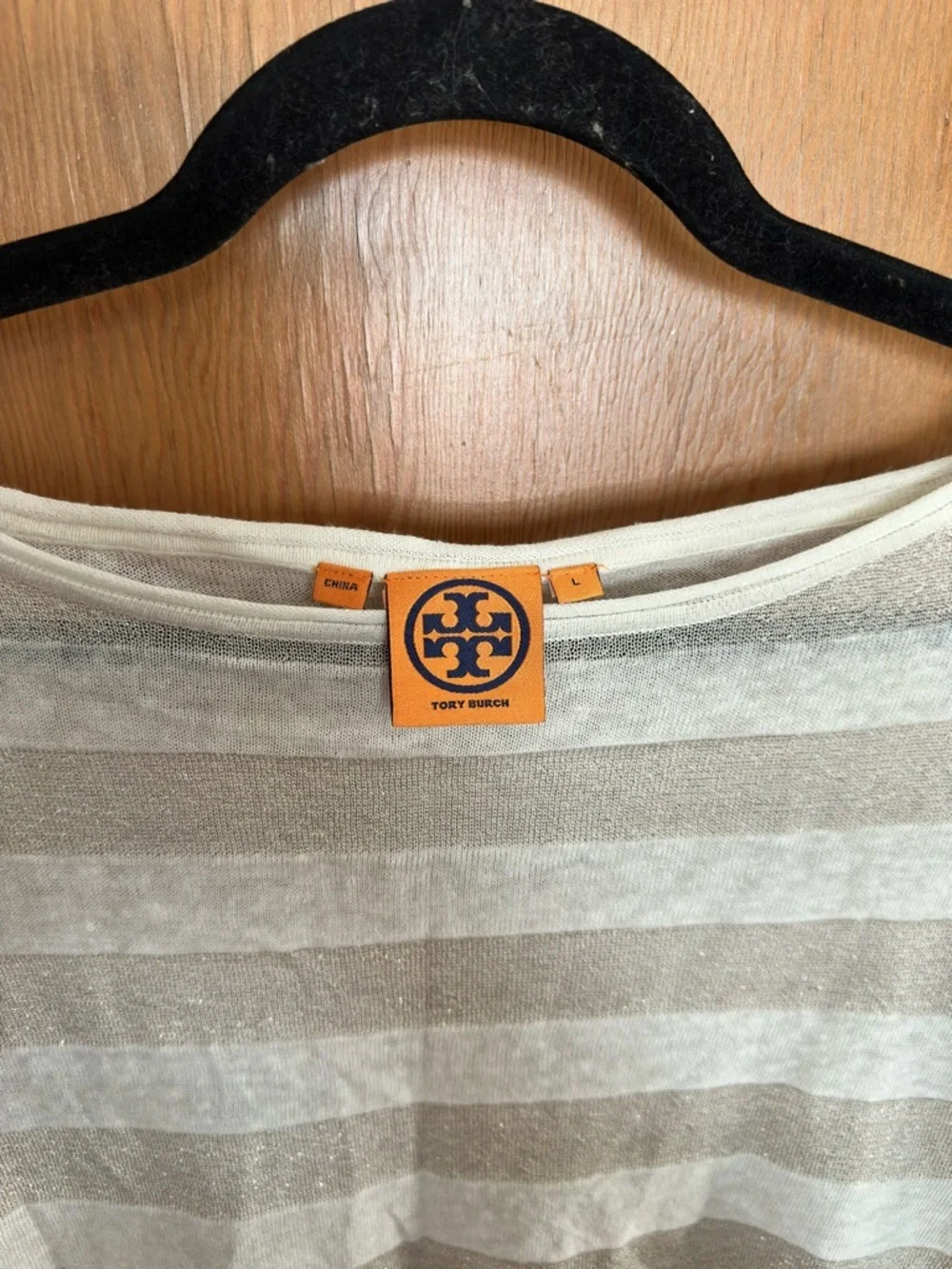 tory burch cotton linen blend metallic striped long sleeve lightweight sweater